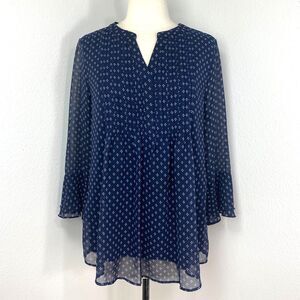 Charter Club Pullover Tunic Blouse M Chiffon Pleats 3/4 Flounce Sleeves Relaxed